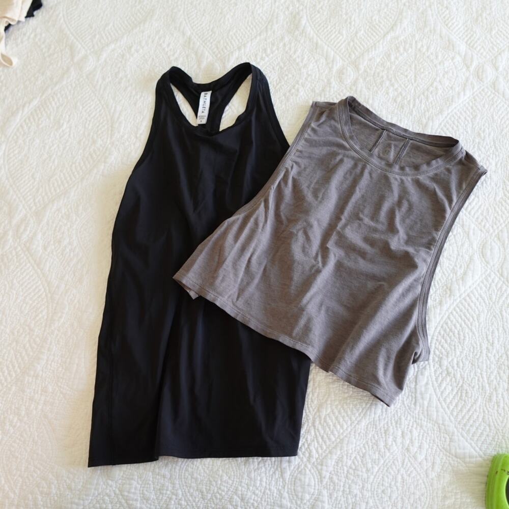 Athleta Black Racer Back Tank top and a Lululemon Gray/Brown Crop T shirt top